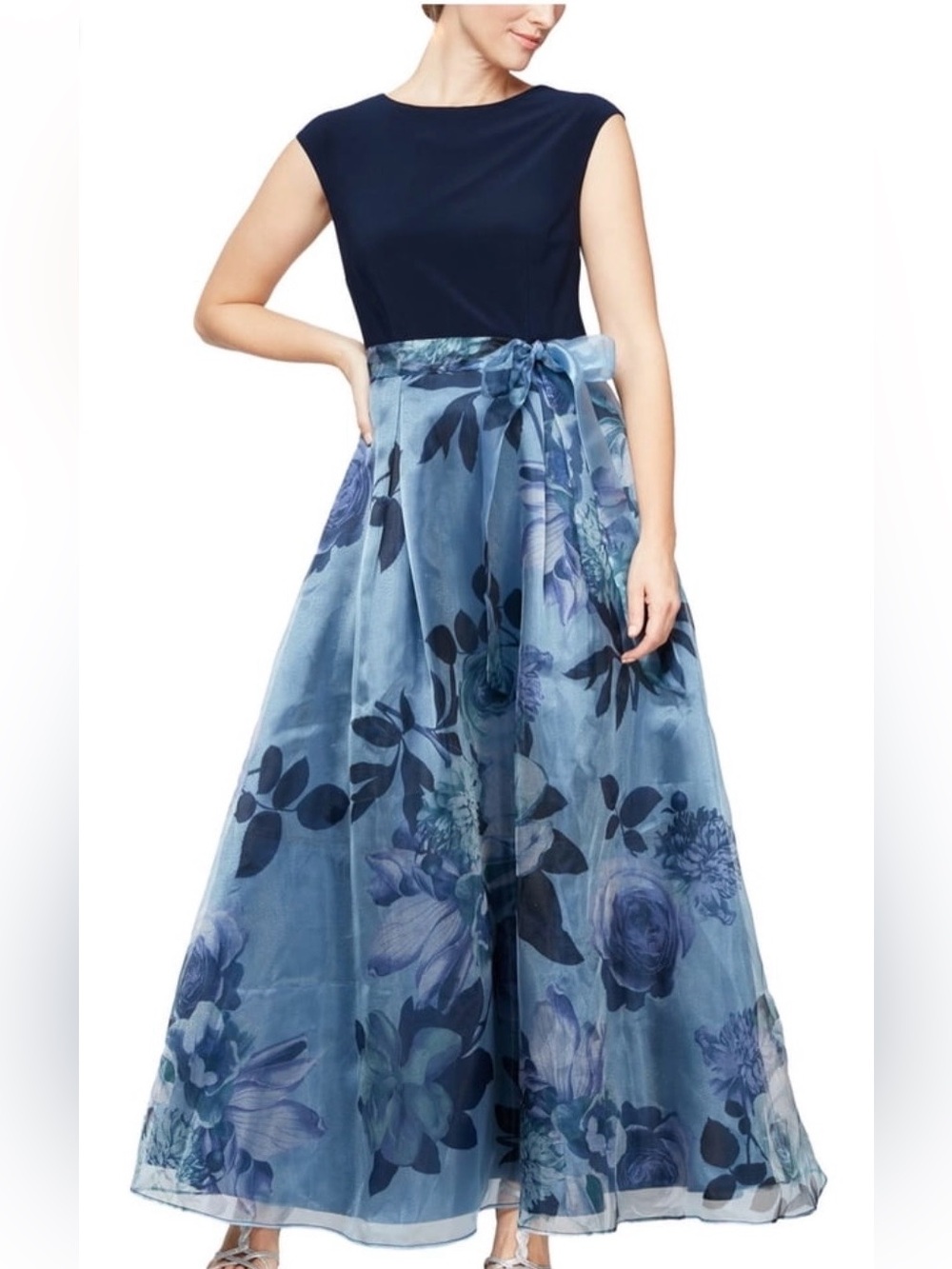 SLNY Navy Bodice with Light Blue Floral Maxi Skirt
